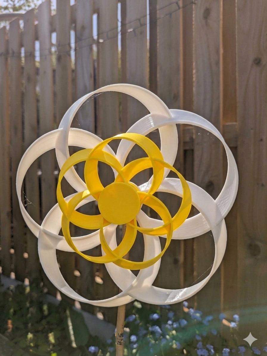 Flower Wind Spinner | Garden Stake | Dual Colour Counter-Rotating Round Petals | Garden Gift