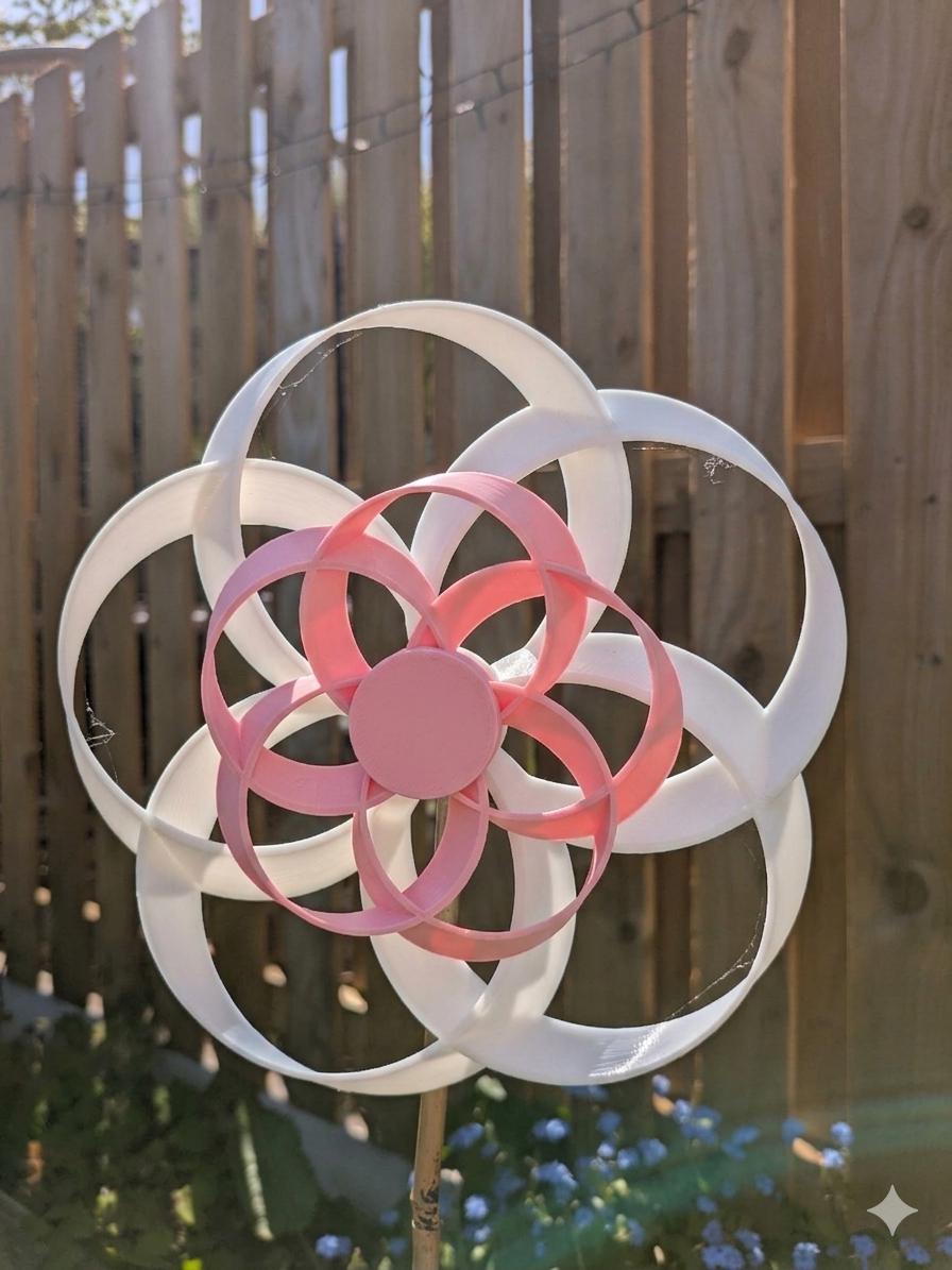 Flower Wind Spinner | Garden Stake | Dual Colour Counter-Rotating Round Petals | Garden Gift