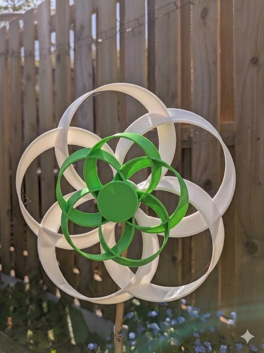 Flower Wind Spinner | Garden Stake | Dual Colour Counter-Rotating Round Petals | Garden Gift